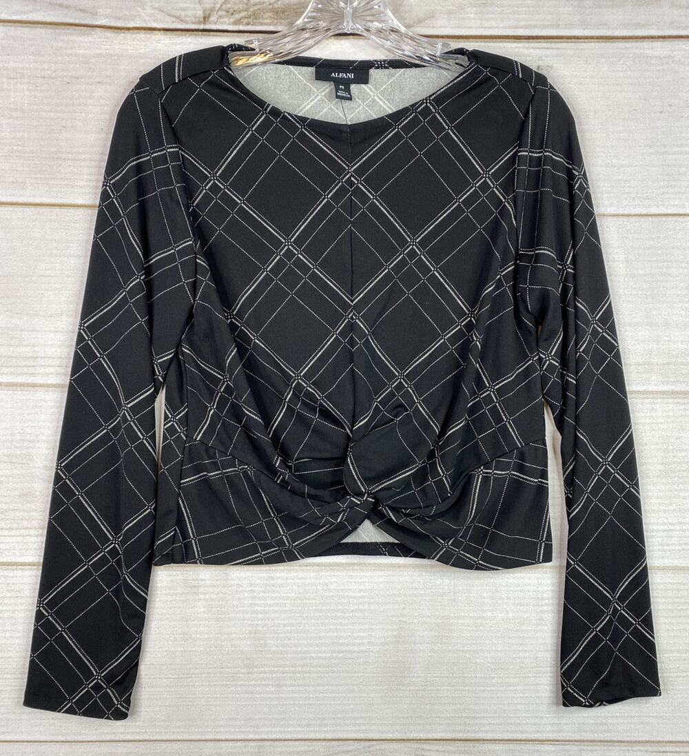 Alfani Elements Top Womens PS Petite Small Black Print Twist Front Stretch NWT